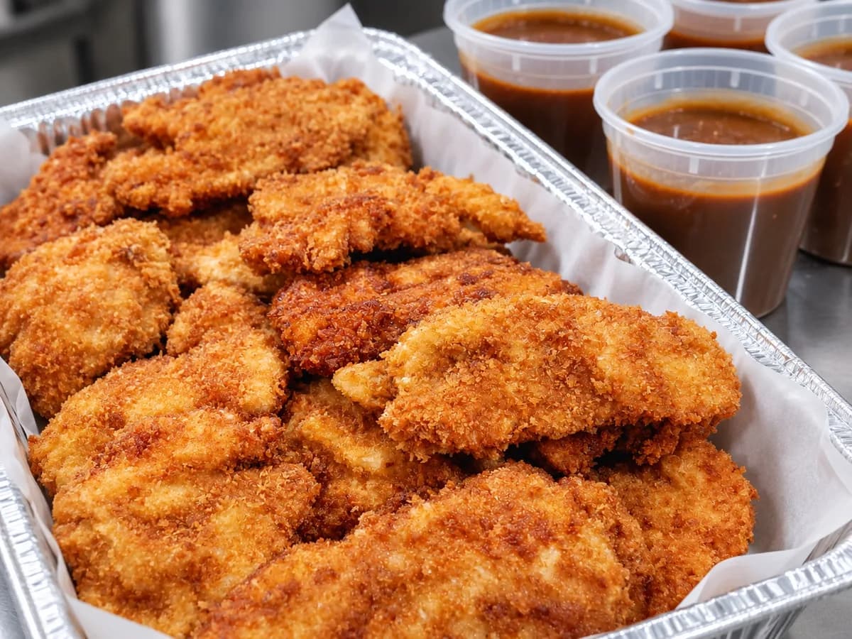 Golden breaded chicken cutlets in a catering tray with sauce on the side