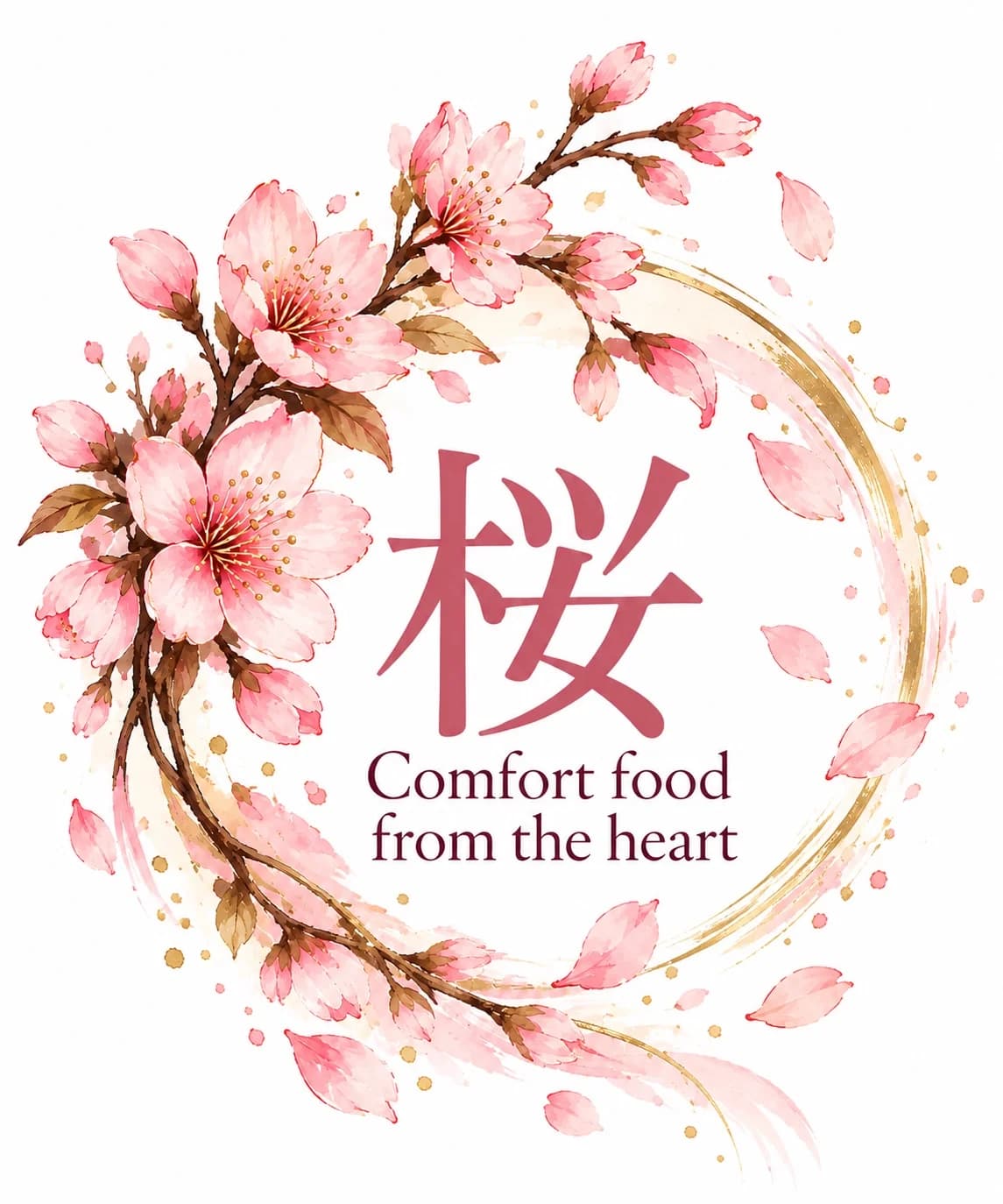 Pink cherry blossoms surrounding the sakura character and the words Comfort food from the heart